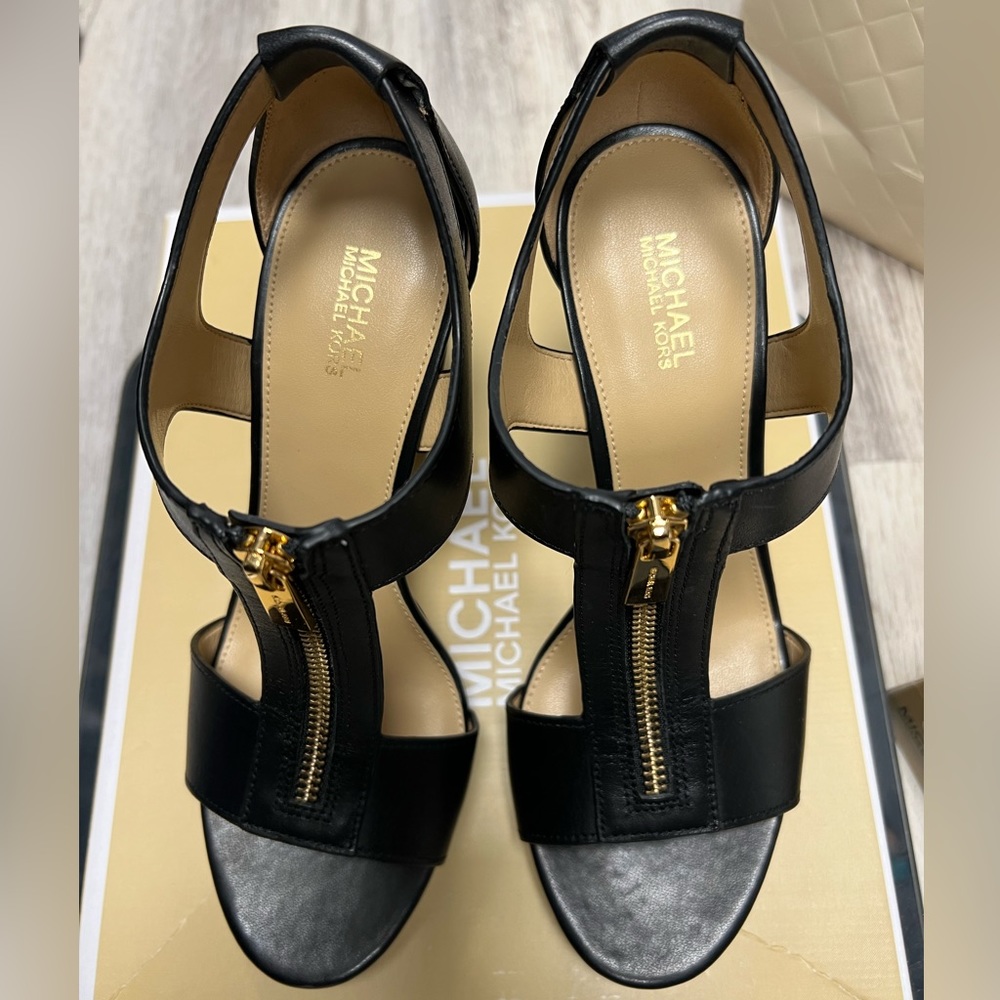 Authentic black leather zippered heeled dress sandals